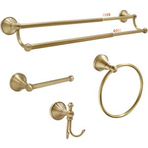 4 Piece Antique Brass Bathroom Accessories Set - 16"-27.7" Solid Brass Towel Rack, Double Vintage Towel Bar - Wall Mounted Antique Gold Bathroom Hardware Size: Double Towel Bar Set