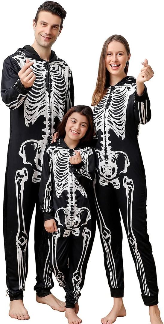 ANGELGGH Family Matching Halloween Onesie Pajamas, Funny Skeleton Printed Hooded Zipper PJs Loungewear for Men/ Women/ Kids (Men, XL, Skull)