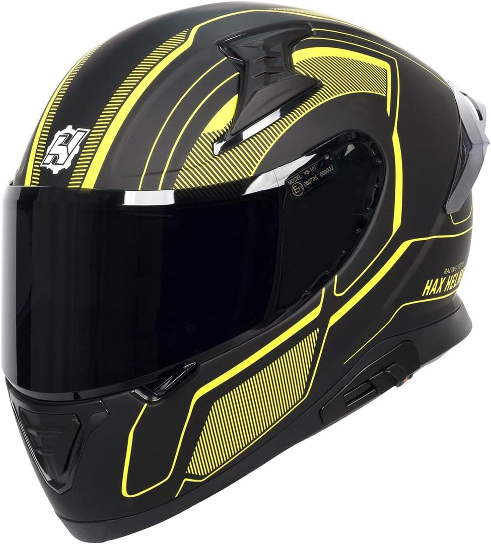 HAX Full Face Motorcycle Helmet with Dual Rear Wing and Pinlock Ready DOT Approved - Lightweight and Durable Motorbike Street Bike Helmet for Adults (Impulse Blade Yellow,XL)