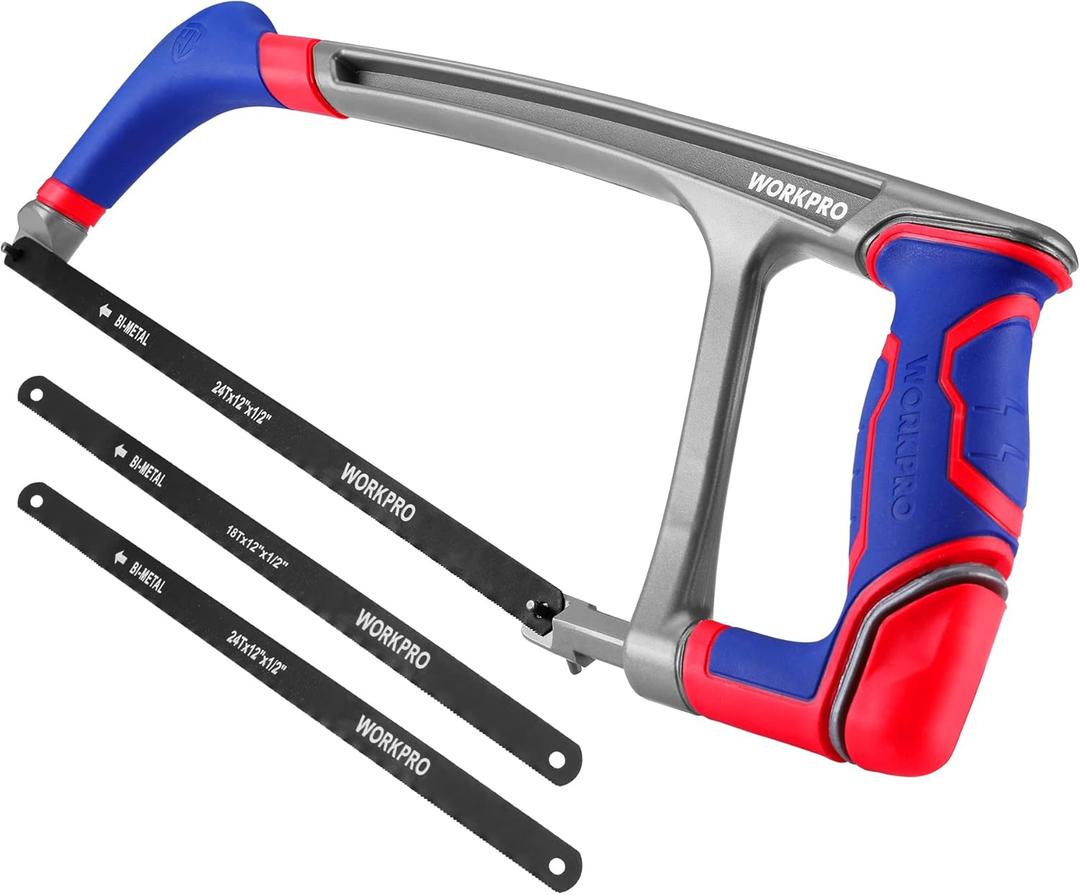 WORKPRO 12-inch Hacksaw with Extra 2 Bi-Metal Saw Blades, Heavy Duty Adjustable 45/90 Angle Saw for Metal, Wood, PVC Pipes