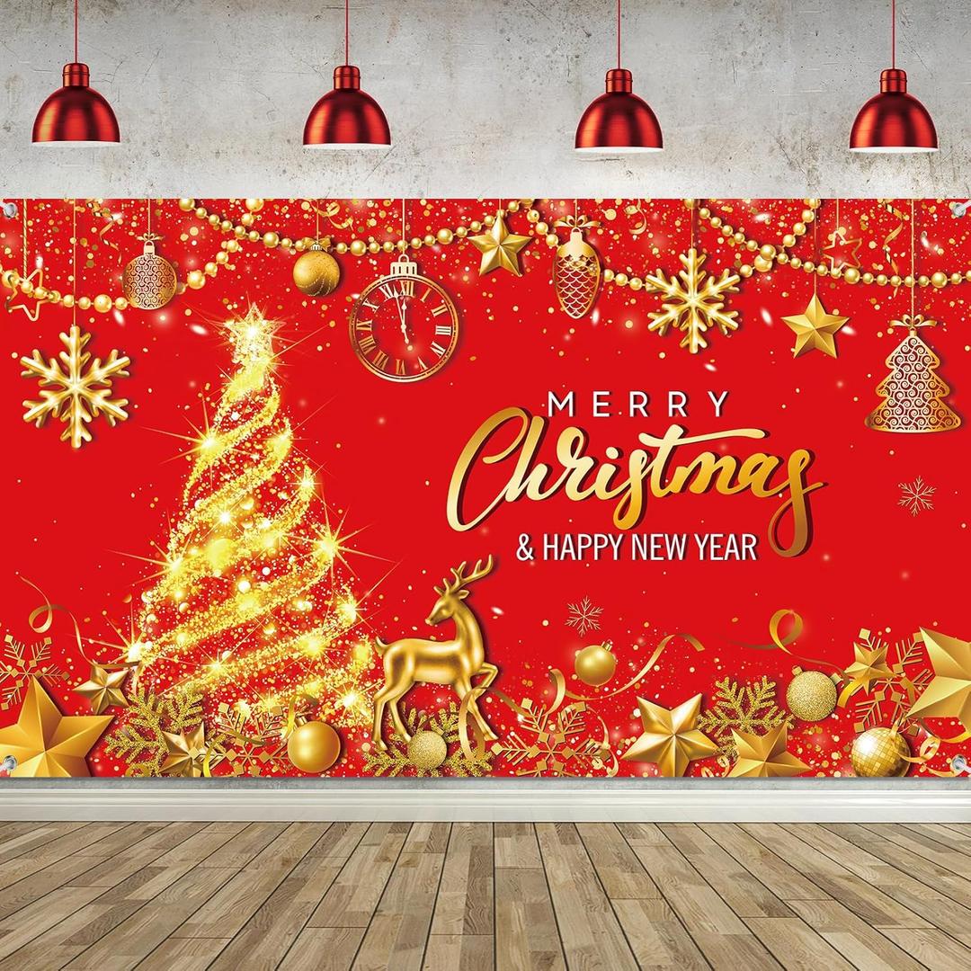 Tiamon Merry Christmas Party Backdrop Holiday Banner Background Xmas Tree New Years Eve Photography Background for Christmas New Years Eve Party Decoration Supplies (Red Gold,72.8 x 43.3 Inch)