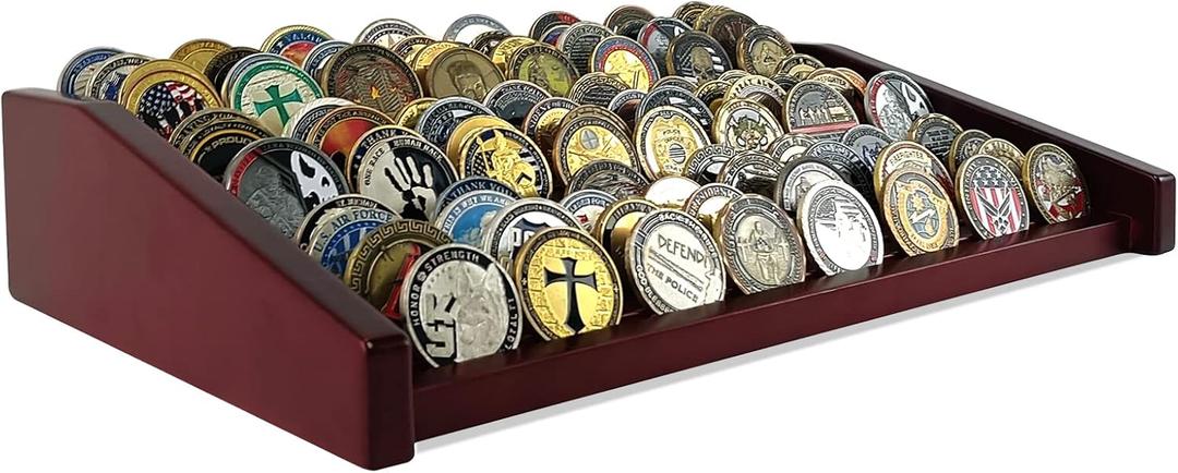 ASmileIndeep 12 Rows Military Challenge Coin Holder Display Case Holds 90-100 Coins, Solid Wood Army Coin Rack Display Stand for Desktop, Mahogany