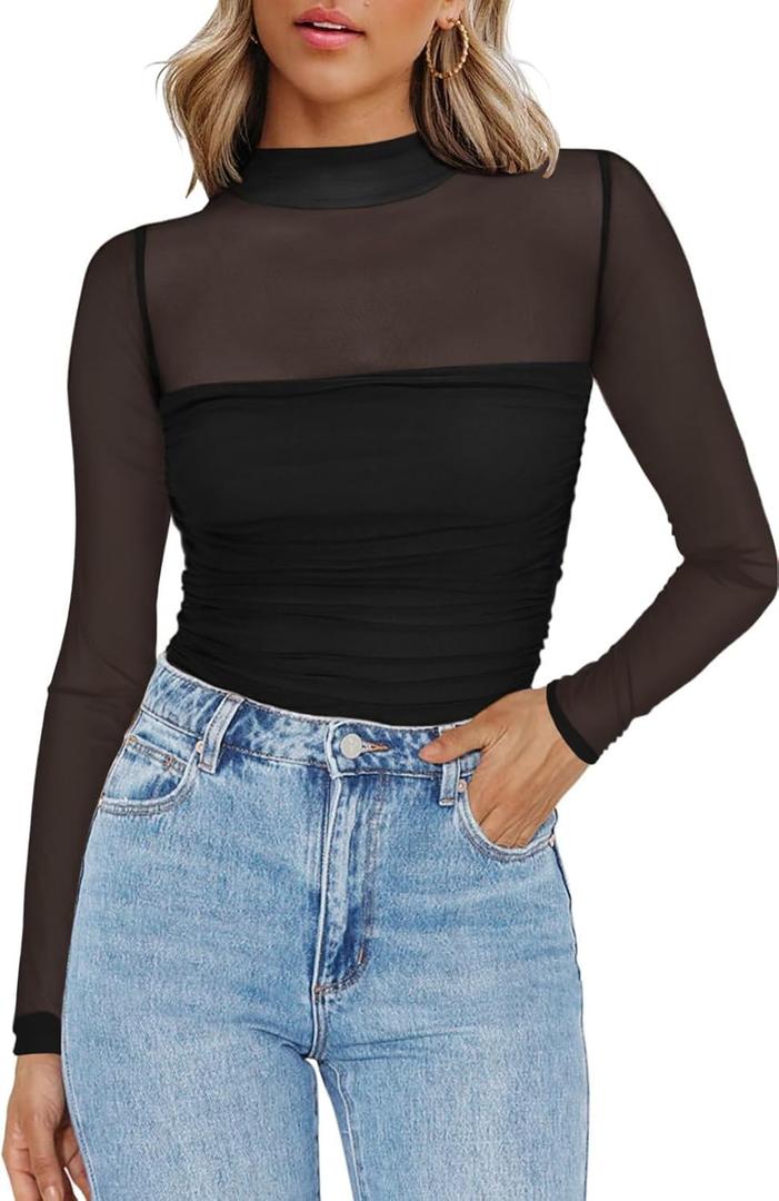 Zeagoo Womens Mesh Sheer Long Sleeve Top Mock Turtle Neck See Though Shirts Ruched Sexy Casual Going Out Blouses (Black, XL)