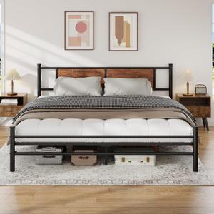 California King Bed Frame with Wooden Headboard, Heavy Duty Platform Bed Under Bed Storage, Black Metal Support System, No Box Spring Needed, Mahogany