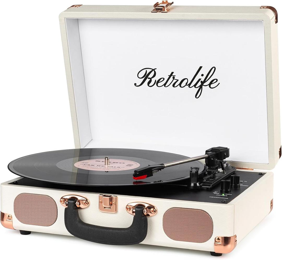 Turntable Vinyl Record Player 3-Speed Suitcase Portable Belt-Driven Record Player with Built-in Speakers RCA Line Out AUX in Headphone Jack Vintage White