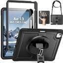 SEYMAC for iPad Air 13 Inch Case M4 / M3 / M2 (2026/2025 / 2024), Full-Body Shockproof Protective Case with Screen Protector, Rotating Stand, Hand/Shoulder Strap, Black