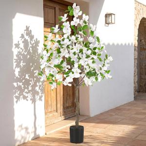 Thiccywoov 1 Pcs 4ft Artificial White Dogwood Tree with Nursery Pot - Faux Dogwood Flowers Blossom for Indoor, Outdoor, Home Decor - Silk Potted Tree for Front Porch, Garden, Wedding Party