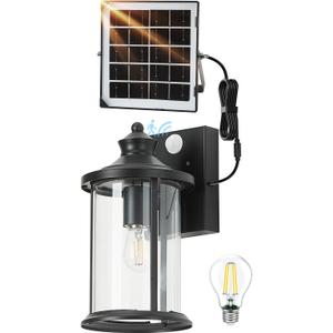 OKELI Porch Lights Outdoor Dusk to Dawn Motion Sensor Solar Wall Lantern Separate Panel & Battery Replaceable Exterior Waterproof Wall Sconce Lighting Lamp (Black B, 1 Pack)