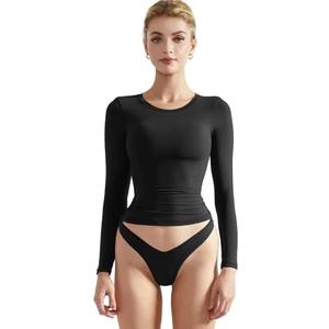 SUUKSESS Women Double Lined Fitted Basic T Shirts Crew Neck Long Sleeve Crop Top, Size M