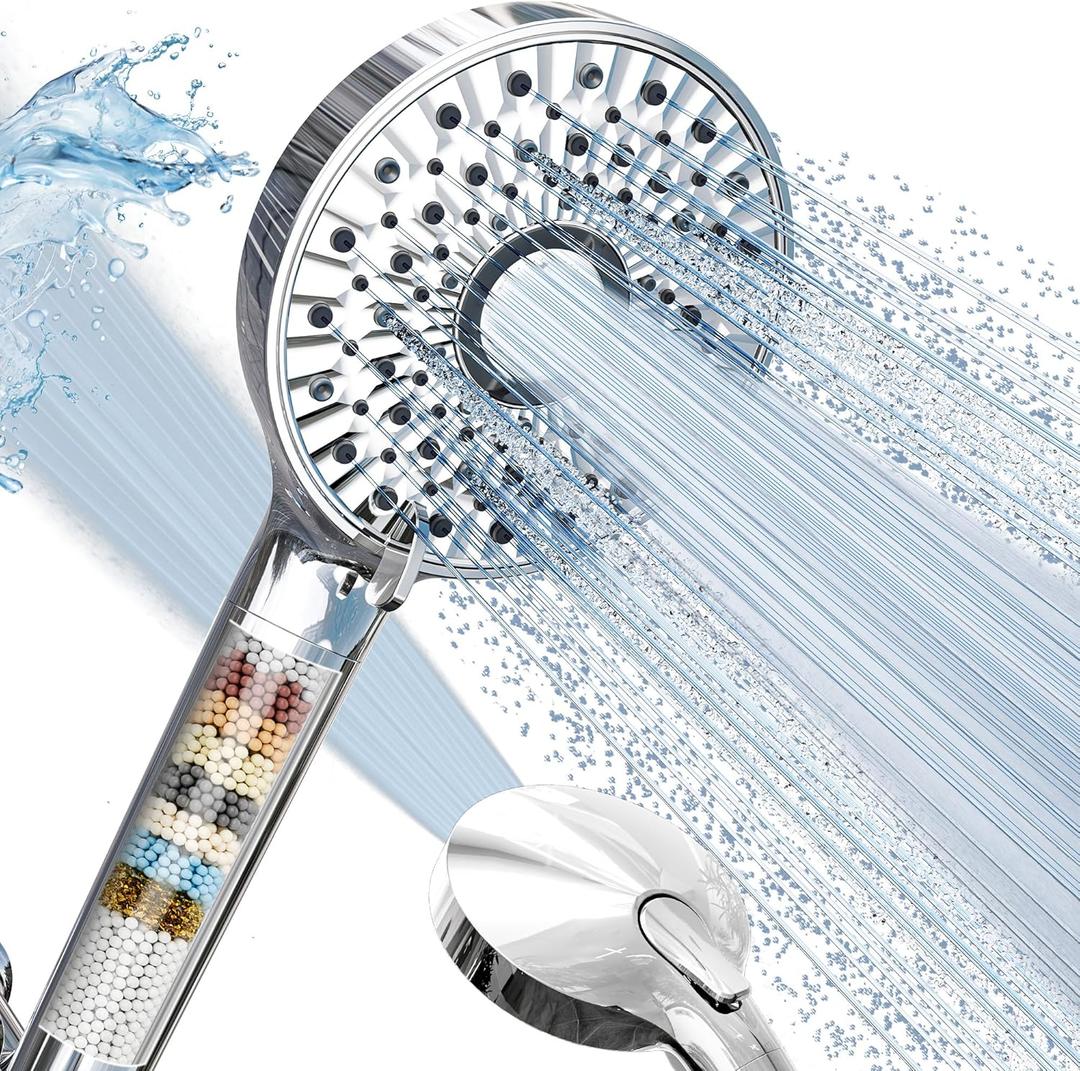 Magichome Filtered Shower Head with Handheld, High Pressure 10-Spd Detachable Chrome Showerhead with Stainless Hose, Water Softener Filter Beads for Hard Water - Remove Chlorine, Reduce Dry Itchy Skin (Silver)
