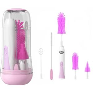 Travel Electric Baby Bottle Brush Set with Electric Bottle Cleaner and Water Bottle Brush and Nipple/Straw Brush,Milk Frother and Drying Rack(Purple)