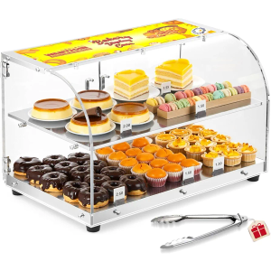 Pastry Display Case - 22" Bakery Display Case 2-Layer Acrylic Pastry Display Case Countertop with Stainless Steel Shelves & Base, 2 Magnetic Rear Doors Commercial Food Display Case for Pastry Dessert
