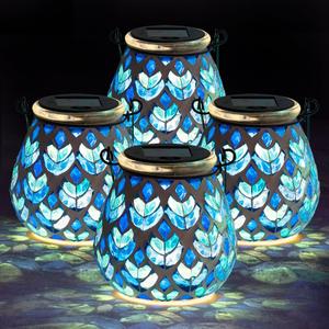 Stargarden 4 Pack Mosaic Solar Lanterns, Blue Glass Hanging Lantern Waterproof Outdoor Hanging Solar Lights Table Lamp for Garden ,Patio,Yard Decor