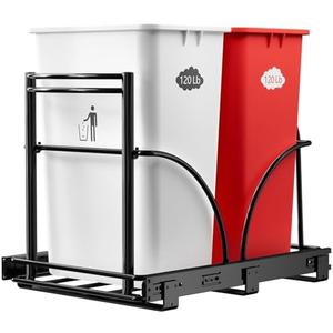 AMENER Dual Under Sink Trash Can Heavy Duty Pull Out Trash Can Under Cabinet, Fits 2x35Qt (7-9 Gal) Commercial Trash Cans Cabinet Trash Bin Pull Out Kit Requires ≥ 22''Dx 16''Wx 17''H, No Can (Black)