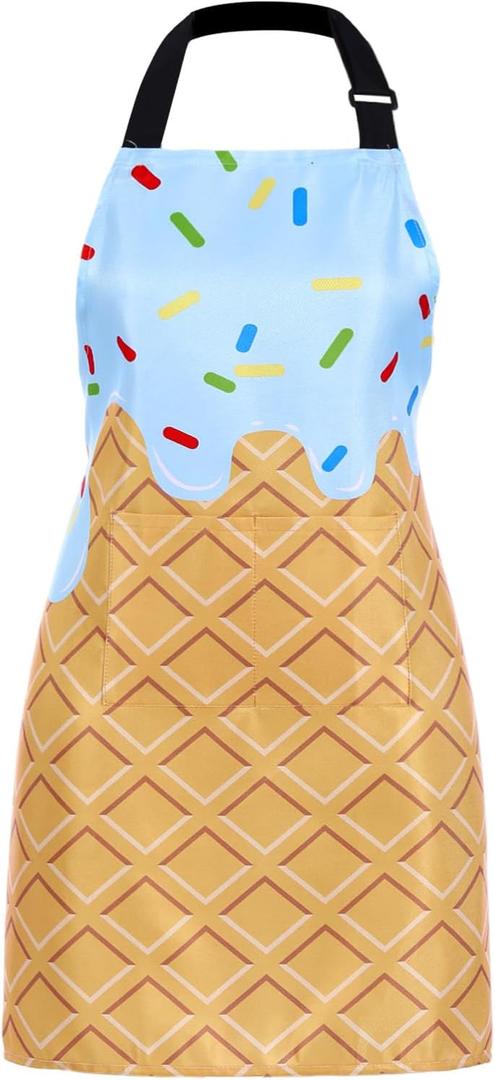 Ice Cream Parlor Apron, Cute Cones Colored Sprinkles Apron for Women with Adjustable Neck, Pockets Home Kitchen