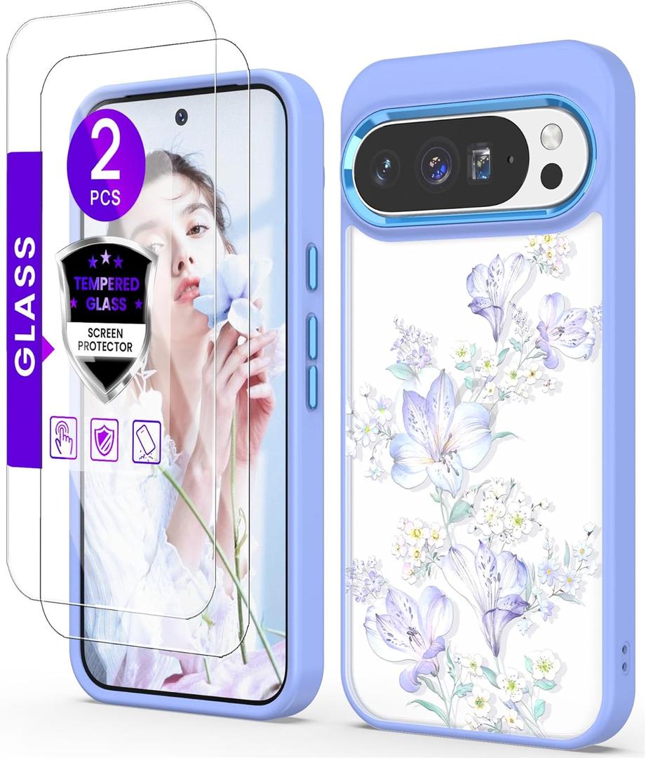 for Google 10/10 Pro Case+ Tempered Glass Screen Protector, Military Grade Protective Slim Soft TPU &Hard PC, Girls Women Crystal Clear Flower Pattern Case Cover for Pixel 10/10 Pro-Daffodils (Golden Shield Flower Series-Light purple/Daffodils)