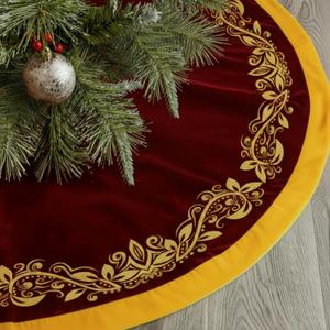 48 Inch Vintage Velvet Christmas Tree Skirt Burgundy Traditional Luxury Plush Fur Tree Skirt with Gold Victorian Venetian Embroidered Holly Leaf for Rustic Home Xmas Holiday Decoration