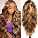 Ombre Highlight Lace Front Wigs Human Hair Pre Cut 5X5 Glueless #4/27 Honey Blonde Body Wave Wigs for Women Pre Plucked with Baby Hair Lace Closure Wig with Drawstring 200% Density 28 Inch