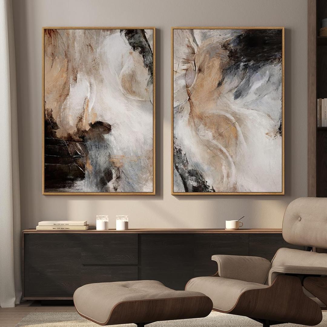 Large Framed Neutral Abstract Set of 2 Wall Art for Living Room, Minimalist Contemporary Modern Canvas Artwork for Walls, Brown Beige Gray Painting Print Wall Decor Bedroom Hallway Office, 24x36 Inch, 24" W x 36" H x 2Pcs