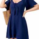 Womens Dresses 2025 Spring Summer Deep V Neck Casual Bow Tie Mini Cocktail Beach Dress, Size: M
