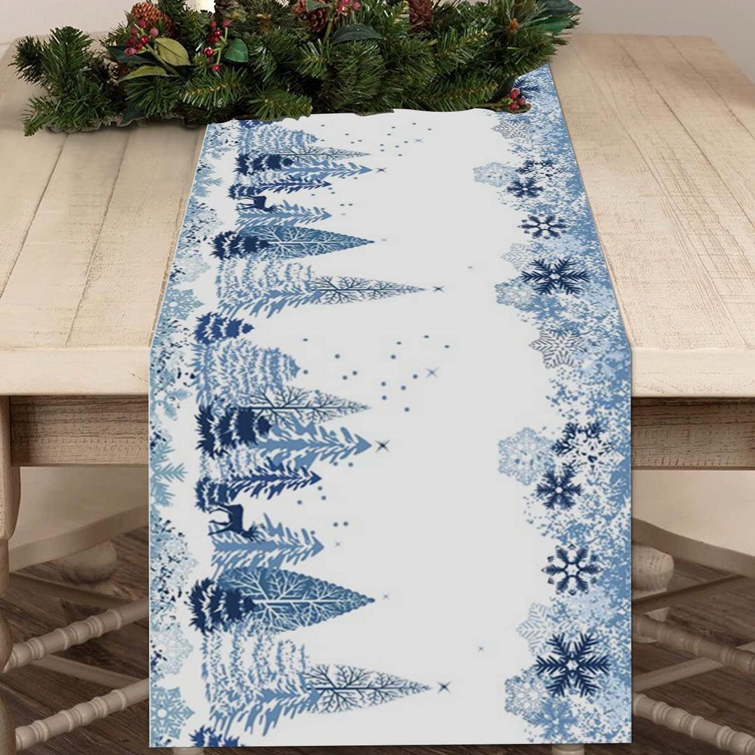 Christmas Table Runner 36 Inch Blue Snowflake Winter White Holiday Table Runners for Christmas Reindeer Elk Forest Dinner Runner Xmas Party Decorations