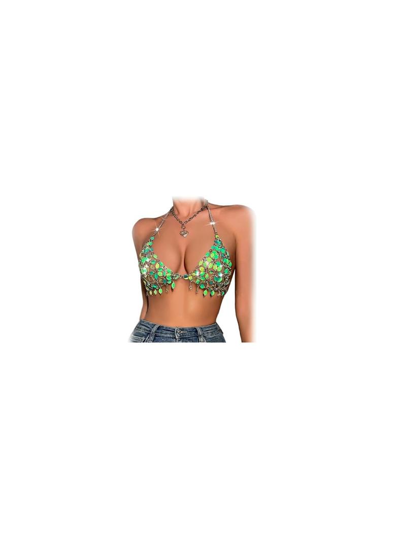 Summer Beach Sequin Backless Crop Tank Tops for Women Sexy Sparkly Hollow Out Outfit Glitter Bra Tops Festival Rave Body Chain Jewelry (Green)