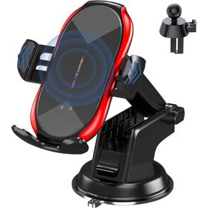 Wireless Car Charger Mount, 15W Qi Fast Charging Auto-Clamping Phone Holder, Vent/Mount Compatible with iPhone 13/12/11/X/8, Samsung S20/S10/Note20/Note10 (Red)