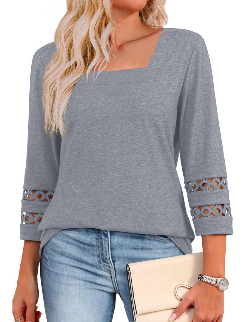 Women's 3/4 Sleeve Tops Square Neck Dressy Casual T-Shirt 2025 Trendy Fashion Business Shirt Fall Basic Tee Blouse Grey L (L)