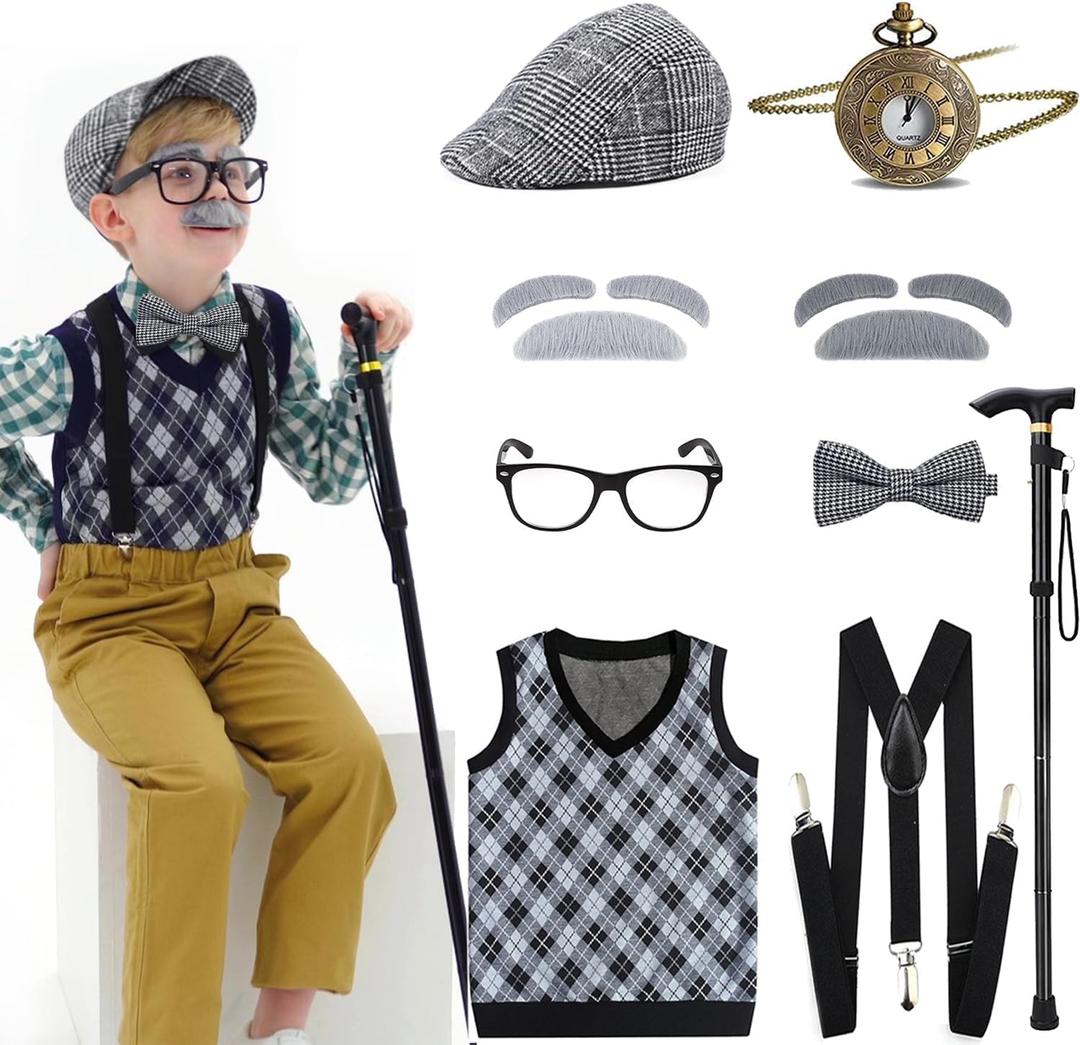 Kids 100 Days of School Costume for Boys - Halloween Old Man Costume Hat Glasses and Grandpa Vest Set for Child (Toddler(3-4yrs), Plaid-lightgrey-pocket Watch)