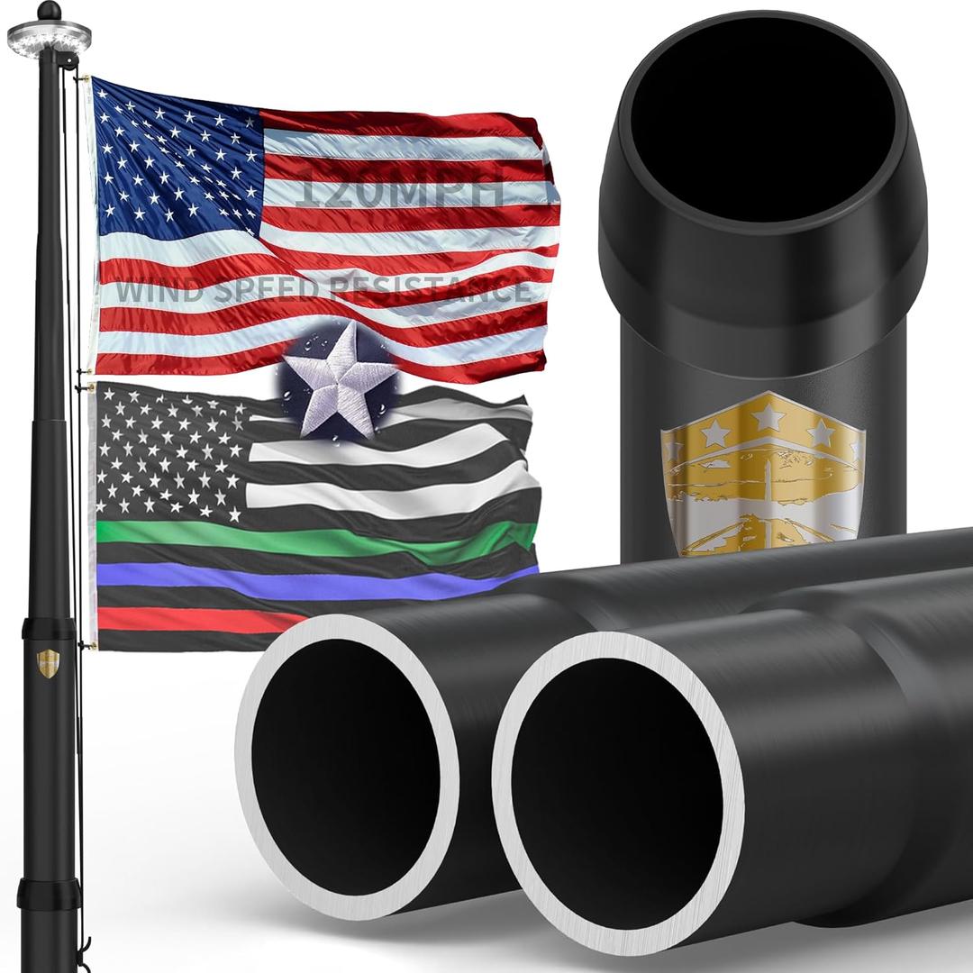25FT Heavy Duty Black Aluminum 2.68" Bottom Tube Flag Pole Kit with Deluxe Solar Light, Outside House or In-Ground Commercial Use  Ultra Thick Diameter, 100MPH Wind Tested
