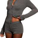 SHENHE Women's Y2k Outfits Shorts Set 2 Piece Button Up Long Sleeve Knit Shirt Mini Shorts Set (Medium, Grey)