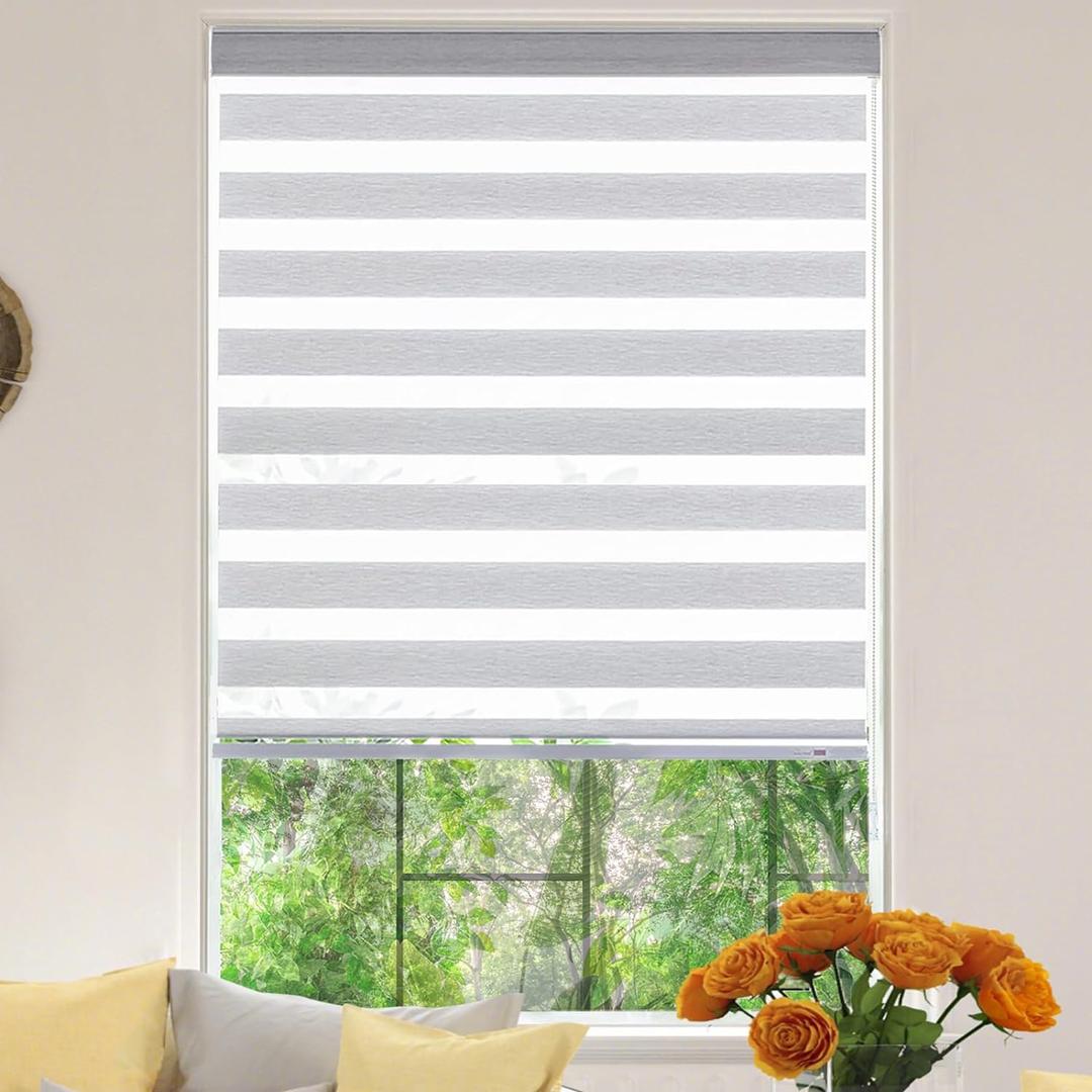 Zebra Roller Window Blinds,Custom Cut to Size,Roller Blinds Dual Layer Roller Shade Blinds, Gray,Fixed 72 InchesHigh,24 Inches Width