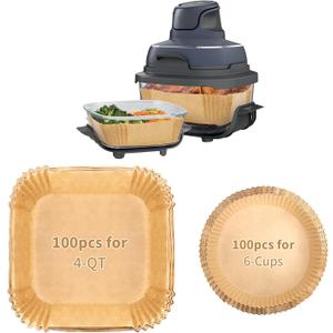 200PCs Air Fryer Paper Liners for Ninja Crispi, Non-Stick and Disposable, Fits Ninja Crispi FN101GY, 100 Large for 4-Qt & 100 Small for 6-Cup Container, Bleach-Free Square/rounded Paper Accessories.