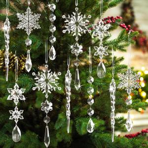 36pcs Clear Crystal Christmas Ornaments for Tree Decorations-Hanging Acrylic Snowflake Icicle Ornaments with Drop Pendants for Xmas Tree Winter Wonderland Chandelier Crystals Decorations Supplies