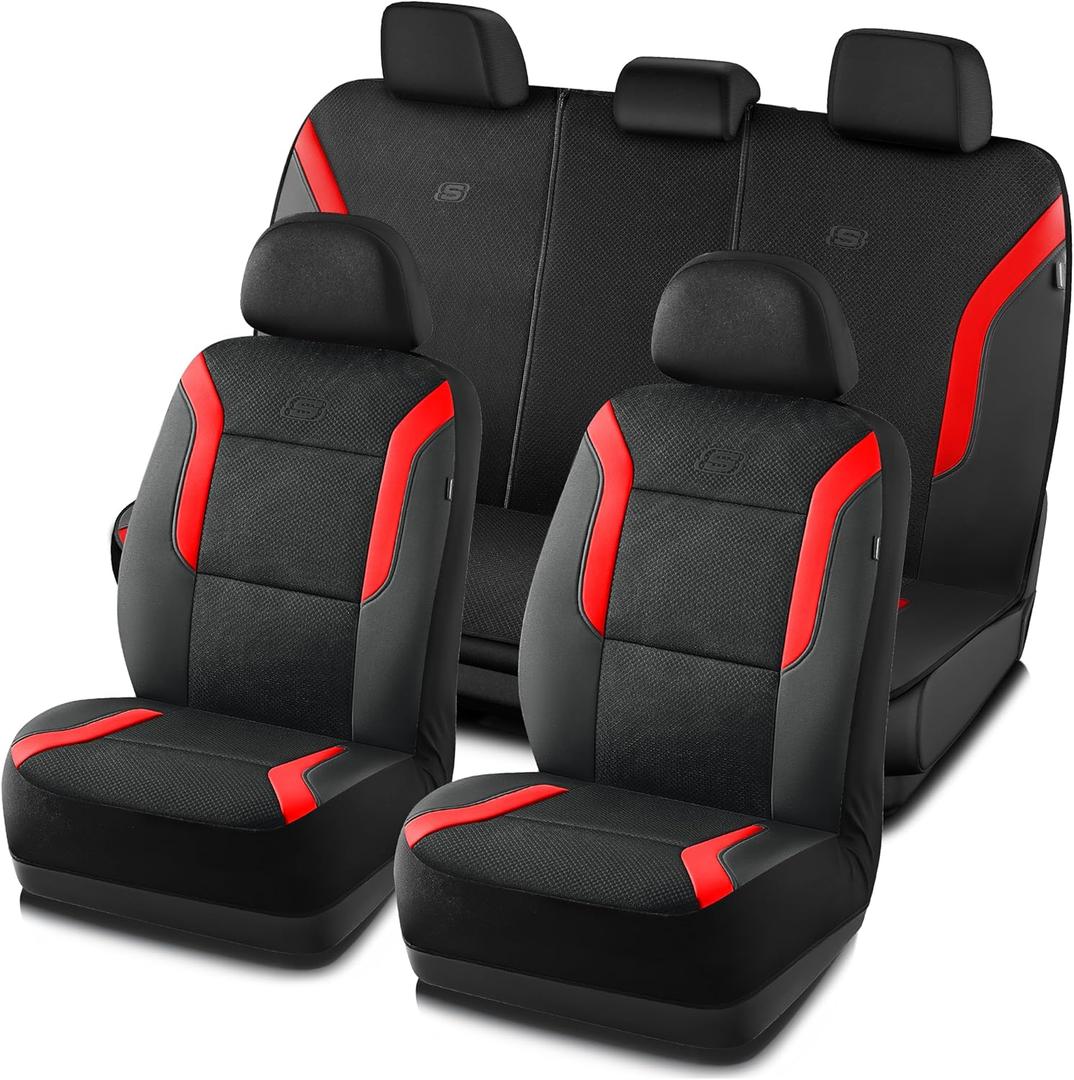 Skechers Memory Foam Car Seat Covers, Air Cool Mesh Thick Seat Covers, Car Seat Full Sets, Airbag Compatible, Automotive Comfort Protection for Most Cars,Vans,Trucks, SUVs,Red