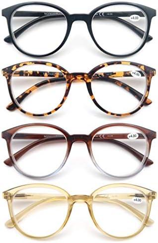 MODFANS Women Reading Glasses 4Pack Large Round Frame Readers Spring Hinges with 4 Pouch, +1.0
