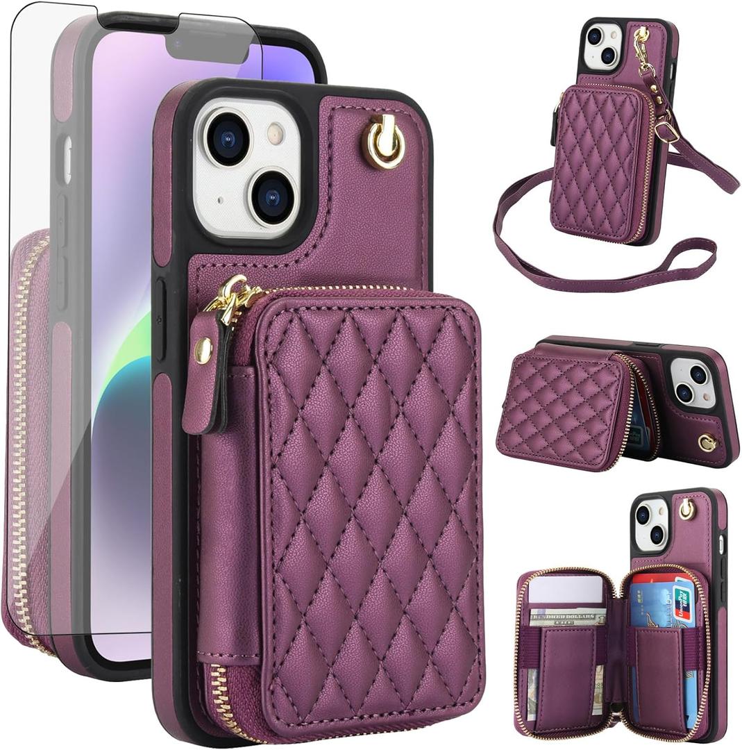 Phone Case for iPhone 13 6.1 inch Wallet Cell Cover with Tempered Glass Screen Protector Wrist Crossbody Strap RFID Blocking Card Holder iPhone13 5G i i-Phone i13 iPhone13case Women Girls Dark Purple