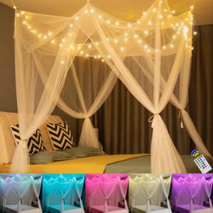 White Bed Canopy with 24 Colors Star Lights for Girls, 8 Corner Princess Canopy Bed Curtains with Color Changing LED String Lights Remote Timer for Adults Women Bedroom, Twin Full Queen King Bed