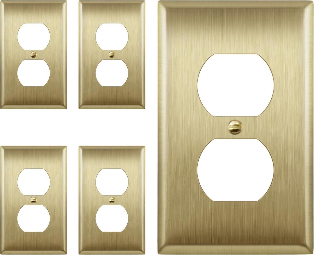 ENERLITES Duplex Receptacle Metal Wall Plate, Outlet Cover, Corrosion Resistant, Size 1-Gang 4.50" x 2.76", Stainless Steel 201, 7721-BB-5PCS, Brushed Brass, Gold, 5 Pack