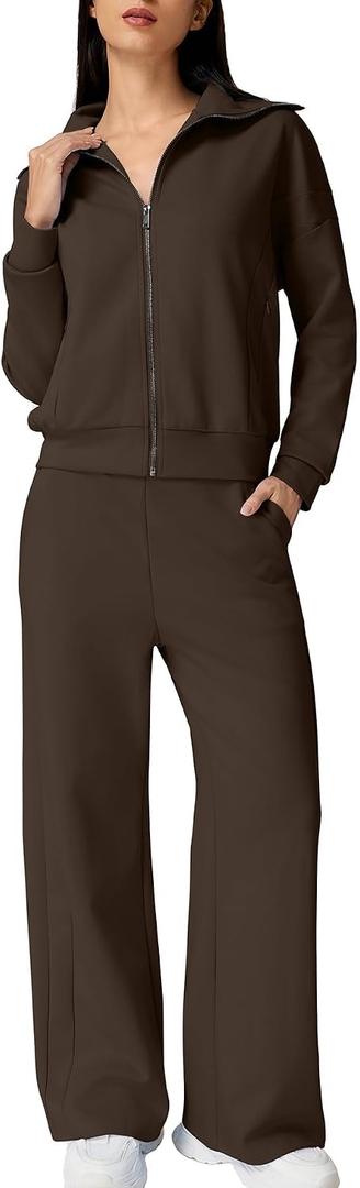 QINSEN Women's Cotton 2 Piece Outfits Lapel Long Sleeve Zip Up Sweatshirt Wide Leg Pants Matching Tracksuit Sets XL