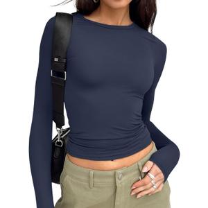 Trendy Queen Womens Long Sleeve T Shirts Fall Fashion 2025 Basic Crop Tops Going Out Outfits Y2k Clothes (Small, Navy)