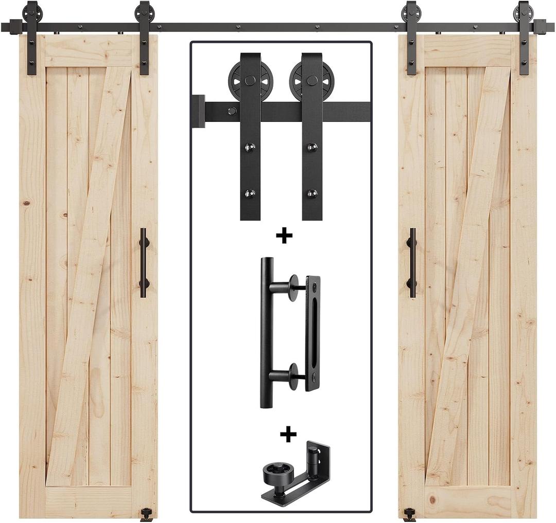 EaseLife 8FT Double Door Sliding Barn Door Hardware Track Kit & Handle,Big Industrial Spoke Wheel,Wall Mount,Slide Smoothly Quietly,Easy Install,Black,96" Track Fit for 44-46" Wide Opening (No Door)