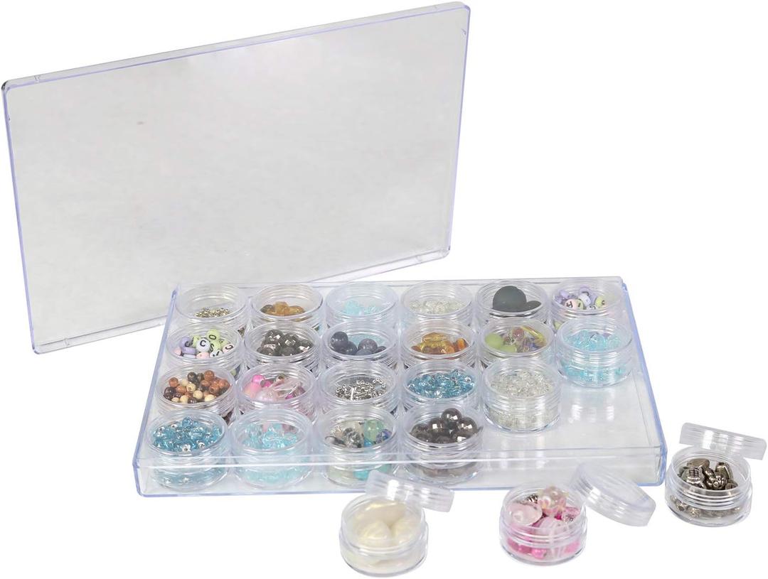 Everything Mary 24-Jar Bead Organizer  Large Clear Plastic Case for Diamond Painting, Jewelry & Craft Beads  Storage Box with Screw-Top Jars for Diamond Art & Small Supplies