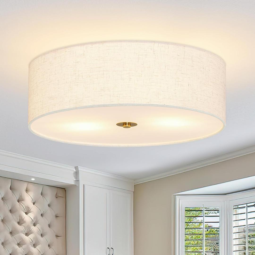 16 Inch Flush Mount Ceiling Light Fixture 3-Light Drum Modern Gold Ceiling Light Fixture Dimmable Close to Ceiling Light Fixture with Fabric Shade for Living Room Hallway Entryway Bedroom