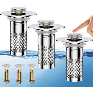 Bathroom Sink Drain Strainer,Universal Pop-Up Sink Stopper Hair Catcher, Anti-Clog Stainless Steel Drain Filter Basket, Removable Sink Drain for Bathroom Sink Stopper (Silver-3pack)