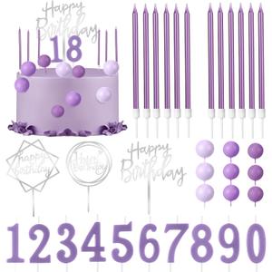 Yerliker 34 Pcs Happy Birthday Cake Toppers Decorations Birthday Candles DIY Cake Decor for Men Women Wedding Anniversary(Purple)