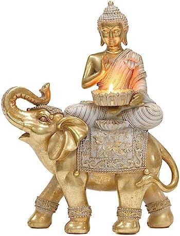 Buddha Statue for Home Decor Gold Candle Holder 11.5”-Elephant Buddha Statues for Zen Decor - Spiritual Buddha Decor for Living Room-Buda–Budda–Buddha Gift for Relaxation, Meditation or Shrine