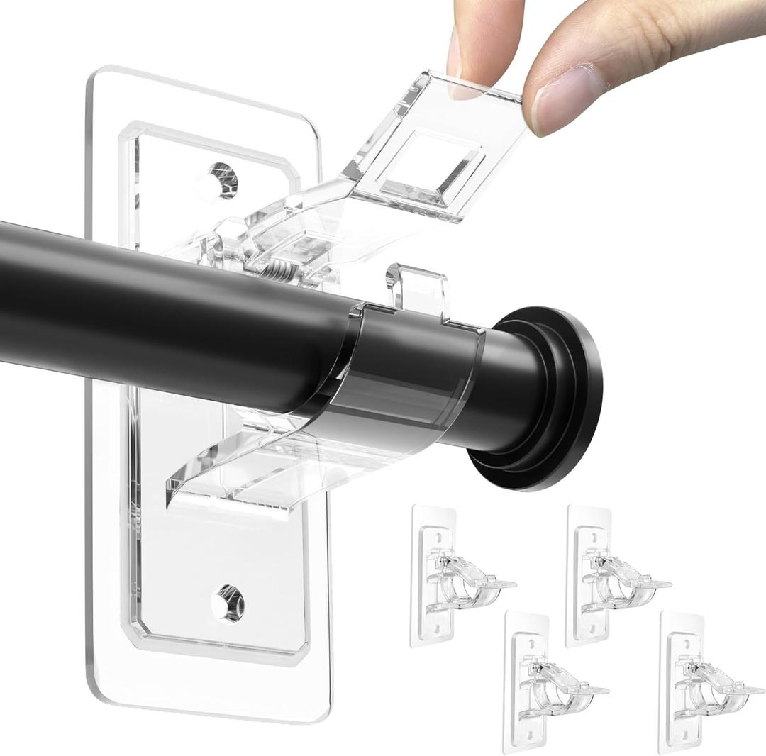 ANDGOO 4 Pack No Drill Curtain Rod Brackets, Adhesive Curtain Rod Holders, Curtain Rod Hooks for 0.5'' to 1.2'' Rods, Renter Friendly Curtain Rod Hangers for Bedroom, Bathroom, Living Room, Apartment (Transparent)