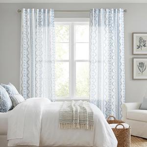Coastal Curtains for Living Room Bedroom,Light Blue and White Floral Striped Farmhouse Linen Printed Sheer Patterned Beachy Summer Curtains for Beach Room Decor,50 x 84 Inch Length 2 Panels Set