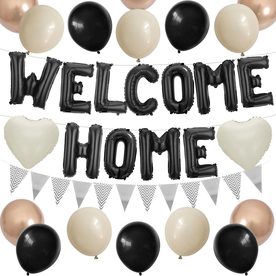 Welcome Home Decorations Black White Gold,Black Welcome Home Foil Balloon Banner with Sand White Heart Balloons Pennant Flag Bunting for Housewarming Baby Shower Family Party Supplies